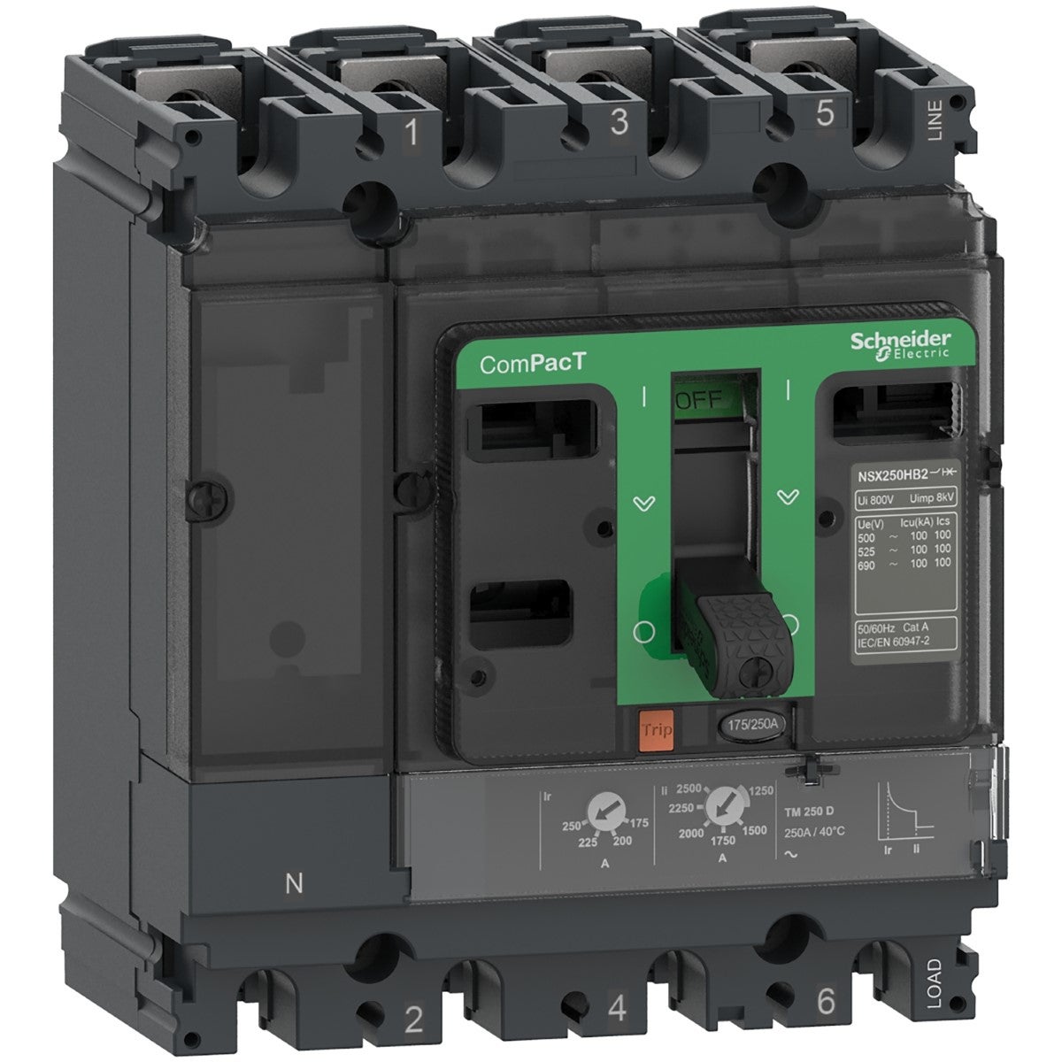 Circuit Breaker Compact Nsx250H, 70Ka At 415Vac, Tmd Trip Unit 200A, 4 Poles 3D