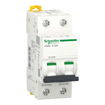 Miniature Circuit-Breaker, Acti9 Ic60H, 2P, 32 A, D Curve, 10000 A (Iec 60898-1), 15 Ka (Iec 60947-2)